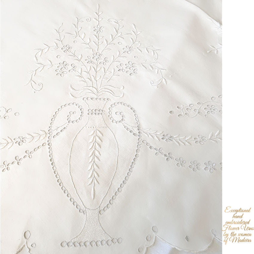 Antique Linen Hand Embroidered Madeira Round Tea Cloth Floral Urns