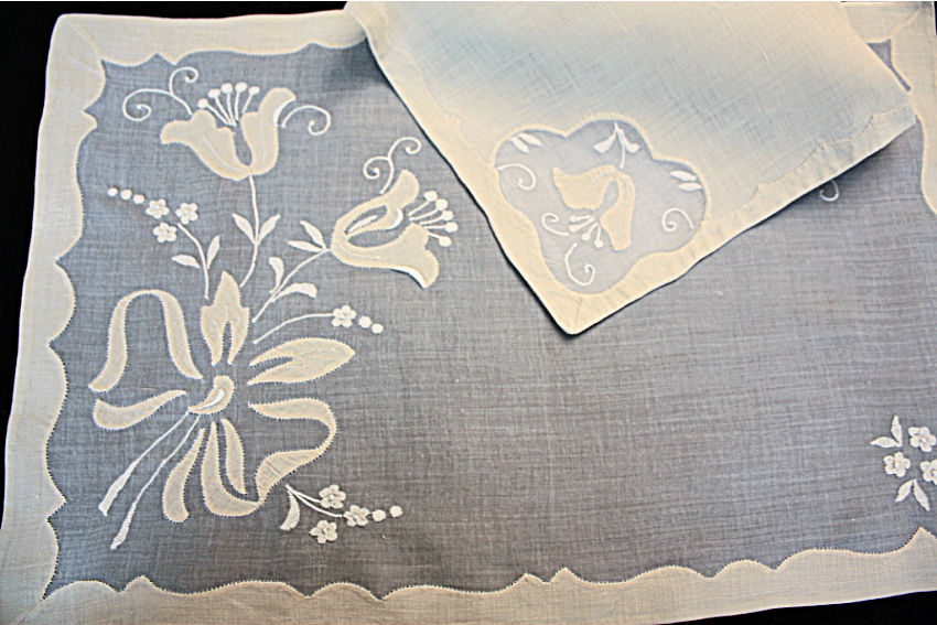 hand embroidered Madeira linen table linens with tulips