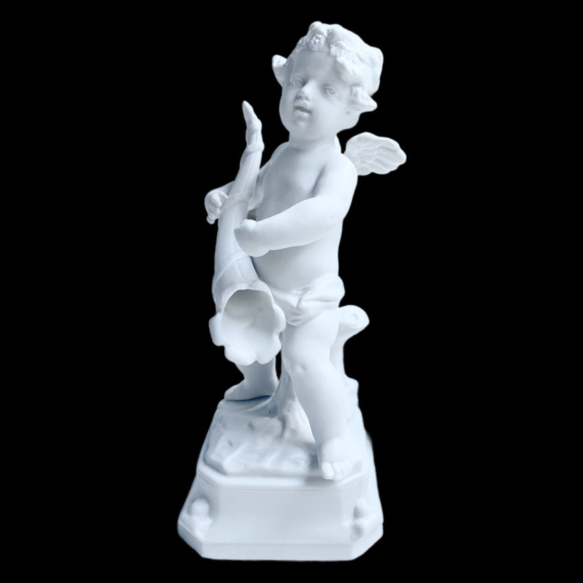 Parian Bisque Porcelain Cherub Holding Horn Figurine