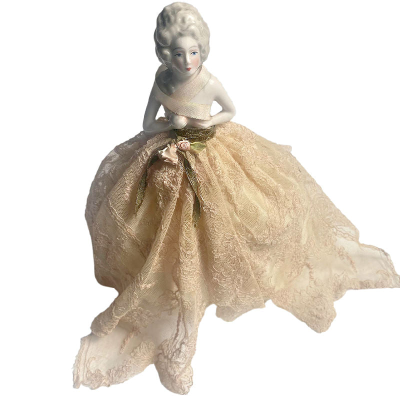 Antique half doll boudoir lamp with French lace skirt and porcelain face