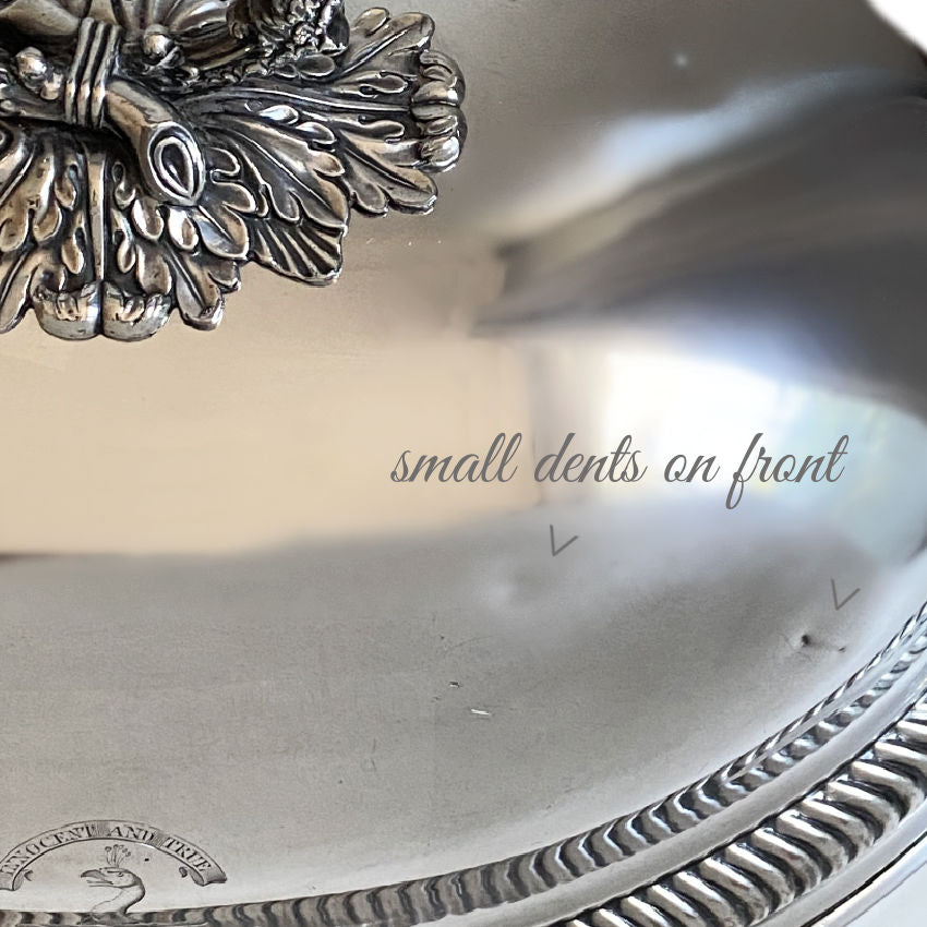 Scottish silver plate, antique meat dome, food cover, serving dome, heraldic crest, Arbuthnot family, crisp engraving, grand estate silver, Victorian silver plate, British antiques, antique kitchenalia, dining room décor, collectible silverplate, 19th century serving piece