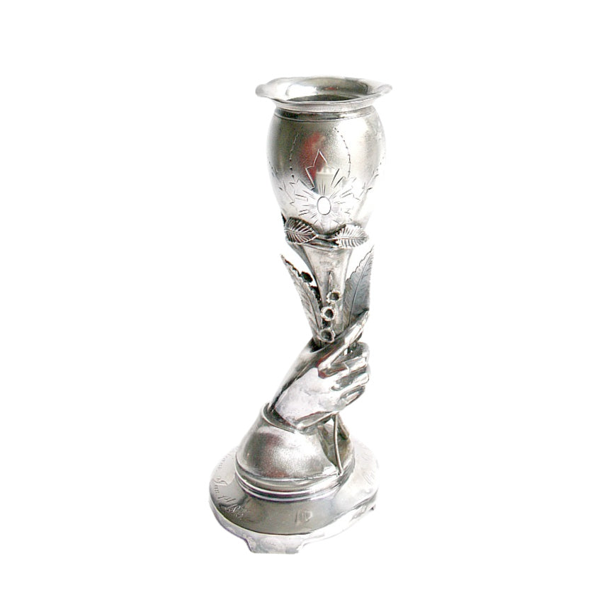 Antique presentation silver vase lily of the valley motif with dimensional flowers and engrraving