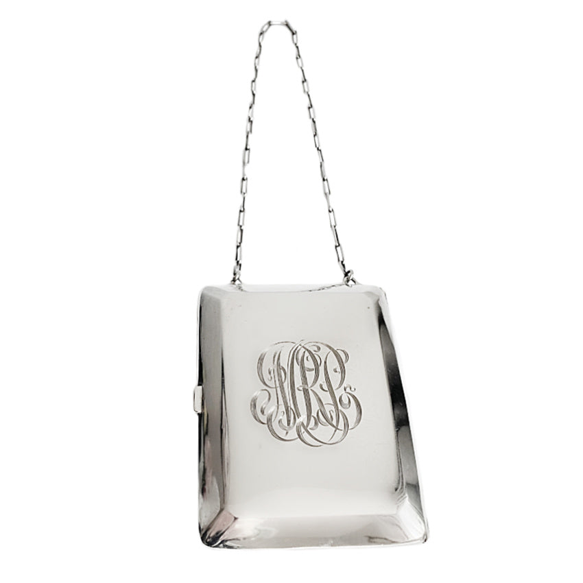 Antique sterling silver minaudière with engraved R M J monogram front view