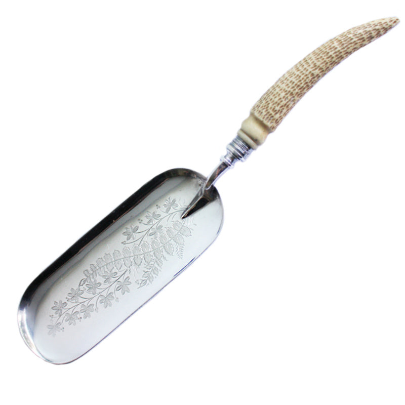 An antique Victorian silver plate fish server with a stag horn handle, featuring an engraved floral design.