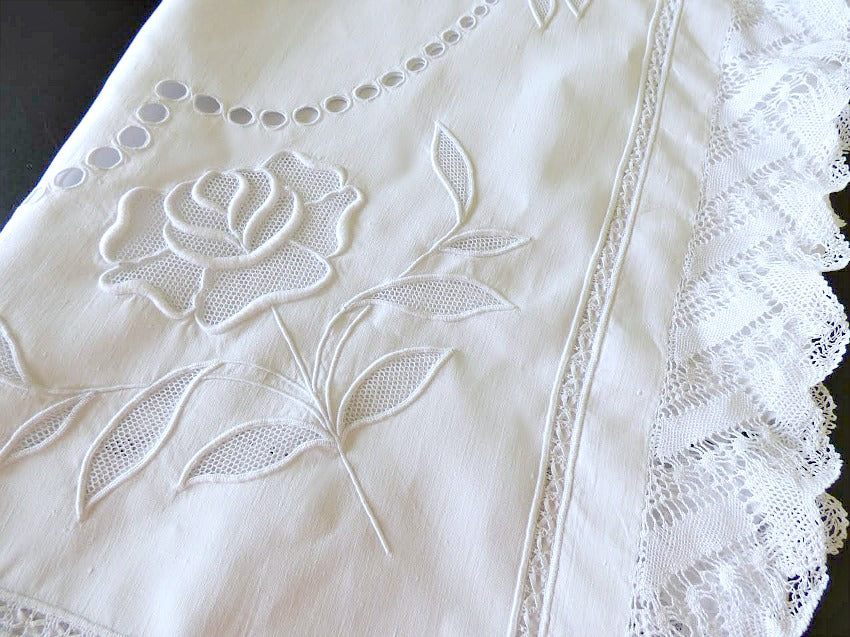 Exceptional Antique Linen Tablecloth with Hand Embroidered Roses and Bobbin Lace