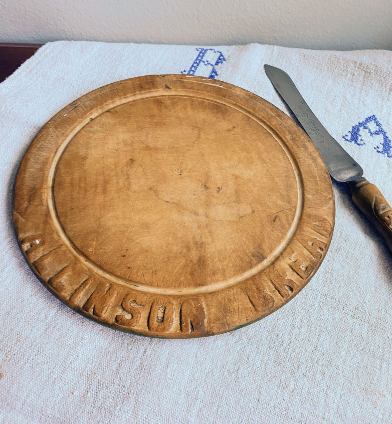 19th Century English Hand Carved Advertising Round Bread Board & Knife 