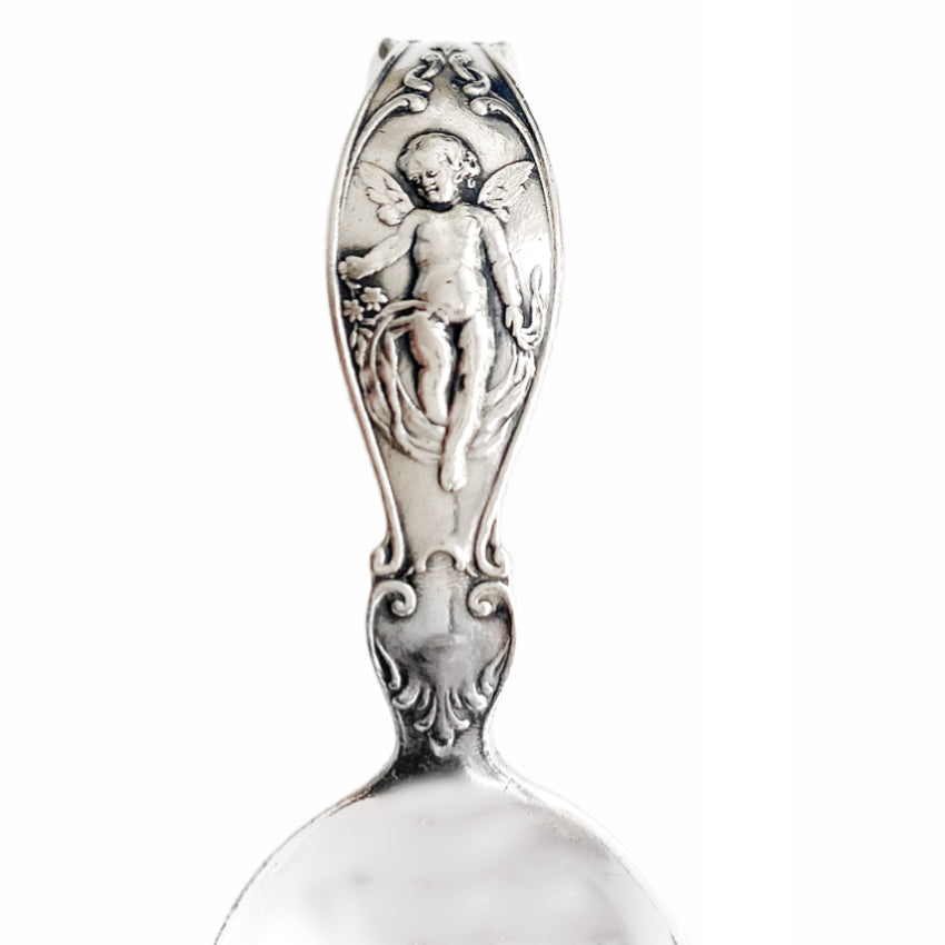 Antique Sterling Silver Curved Spoon with Embossed Angel