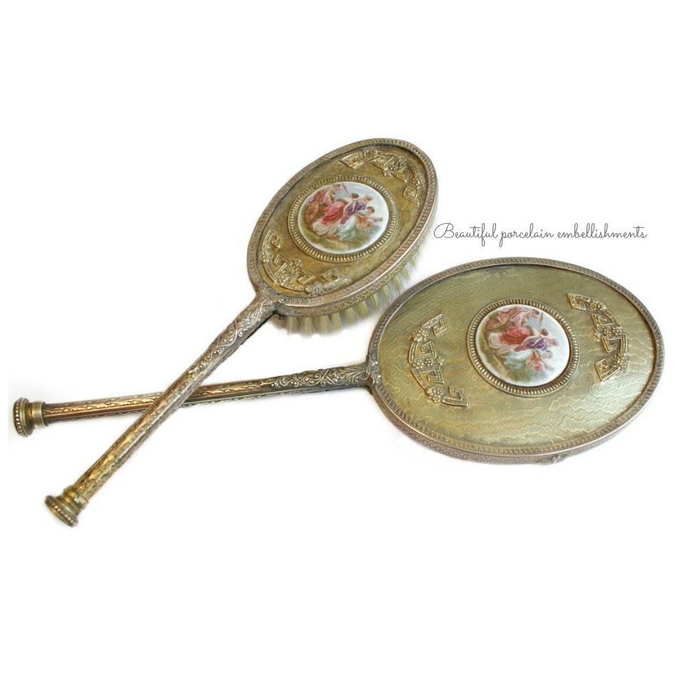 Antique Apollo Studios Gilt Boudoir Hand Mirror &amp; Brush Cherubs Set