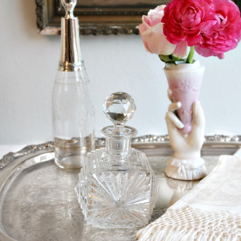 Antique French Tall Hand Etched Floral and Sterling Silver Perfume Bottle