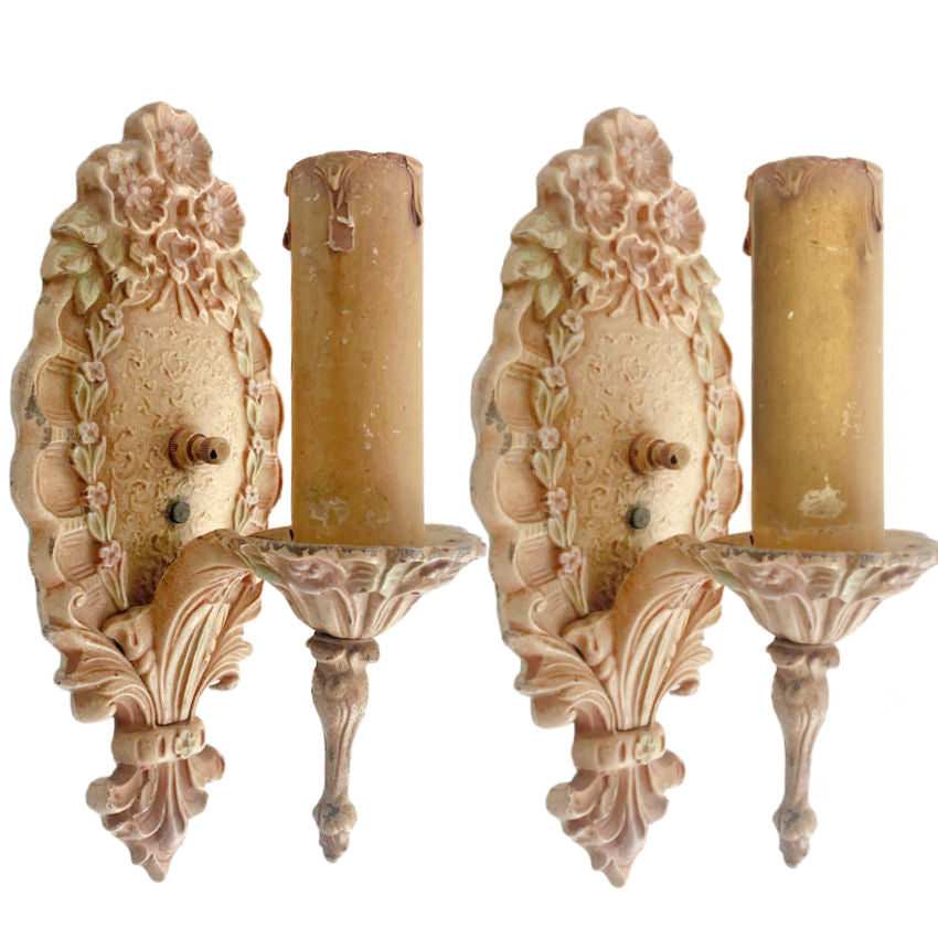 Pair Art Deco Cream Pink Floral Wall Sconces