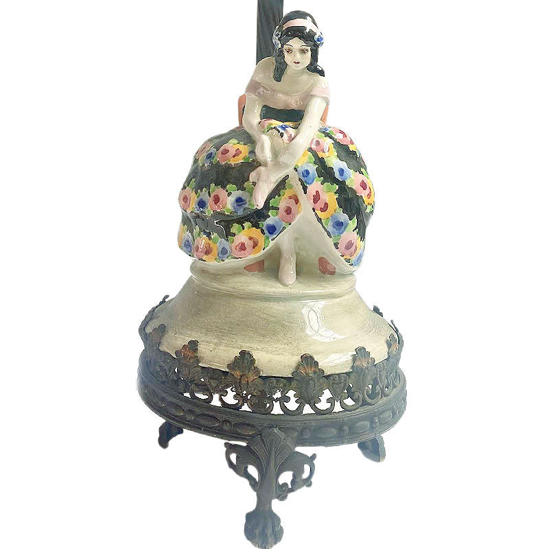 Art Deco Signed Porcelain Figural Lamp with Pink Gold Metallic Lace Shade