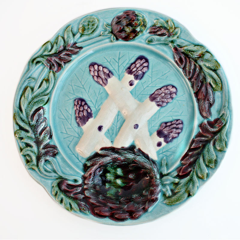 Vintage French Majolica Asparagus & Artichoke Plate Aqua and