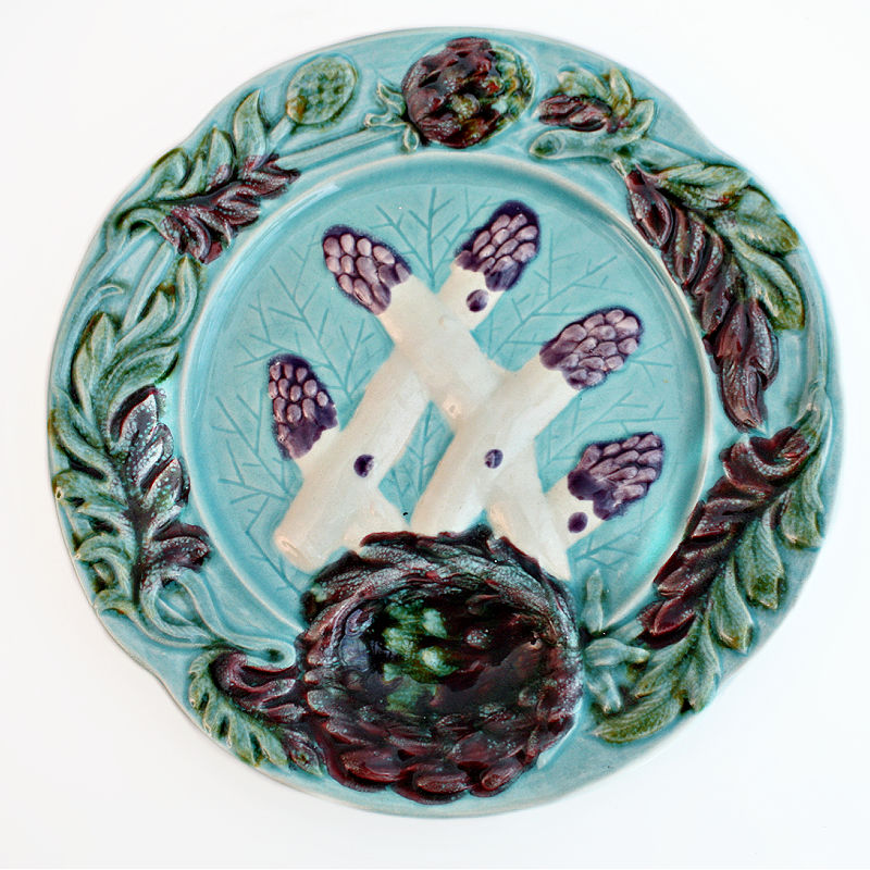 French Majolica Asparagus and Artichoke Plate Aqua Purple