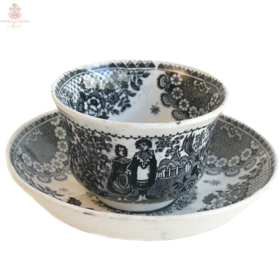 Early Antique Black Transfer Tea Cup and Saucer Orphans