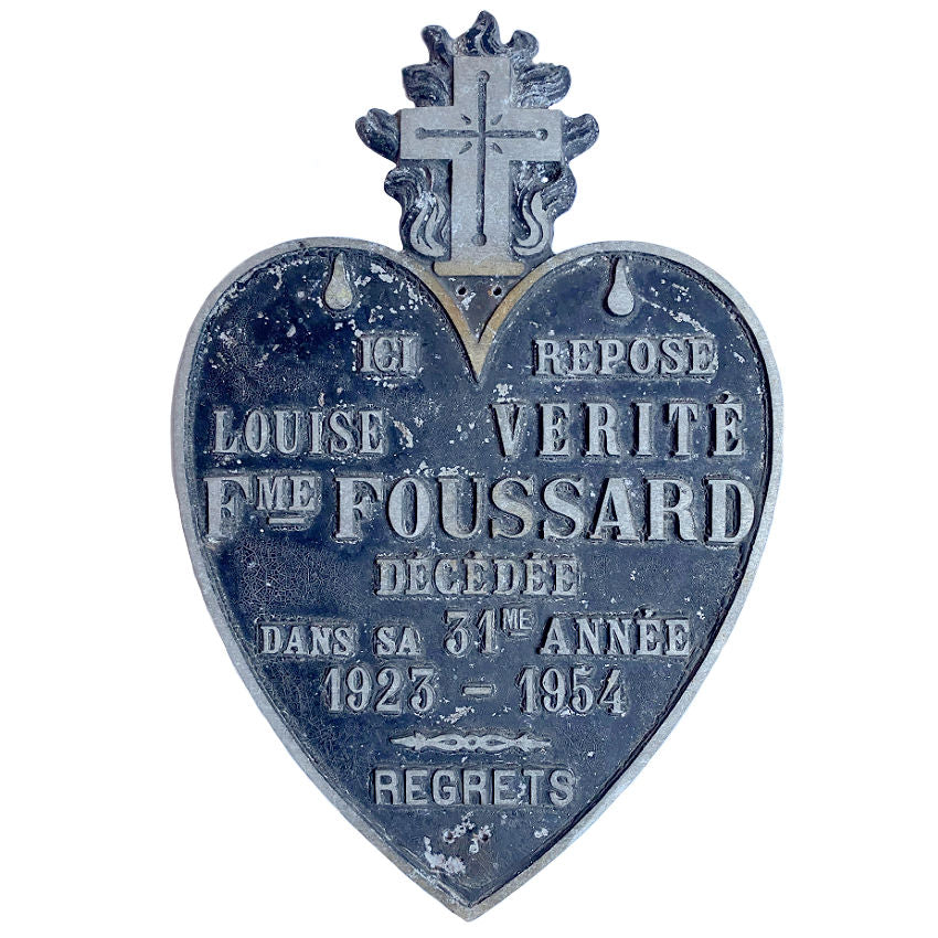 Front view of mid-century French Sacred Heart memorial plaque honoring Louise Verité