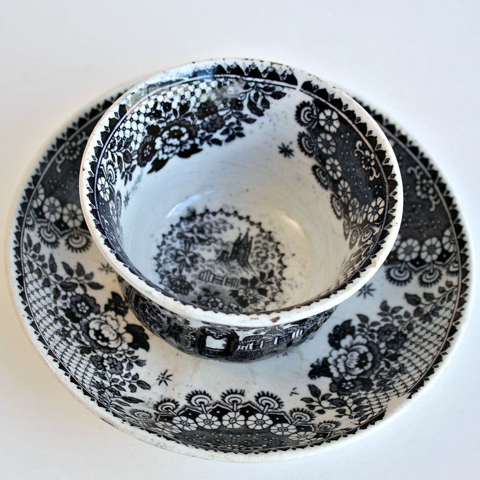 Early Antique Black Transfer Tea Cup and Saucer Orphans