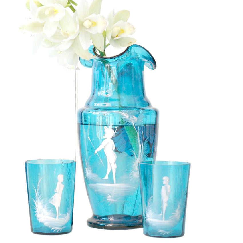 Antique Bohemian Turquoise Blue Hand Blown Glass Enameled Pitcher