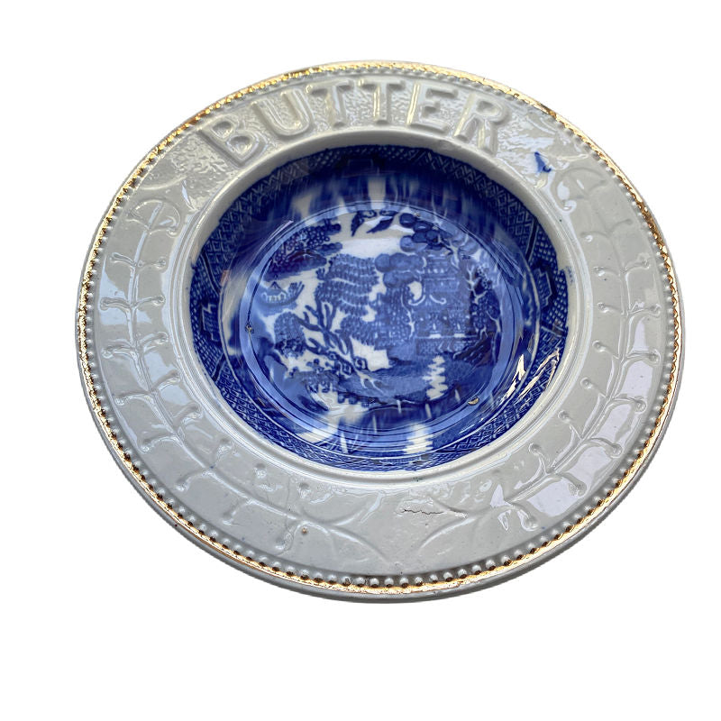 Rare Antique Staffordshire Blue Willow Butter Dish