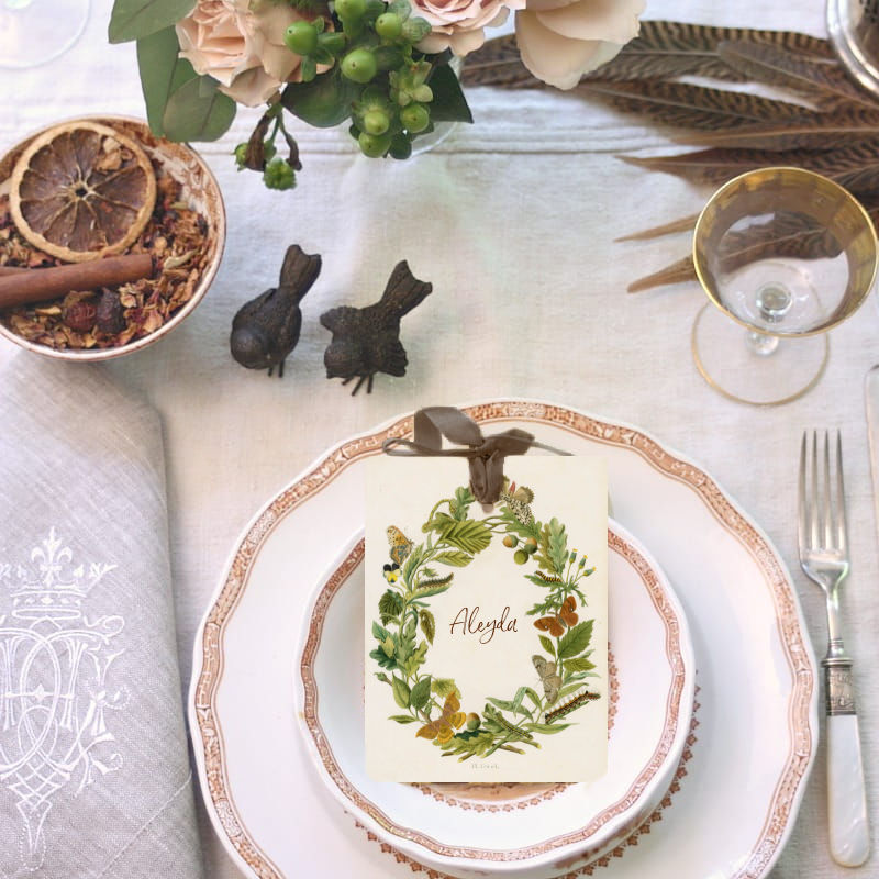 Luxurious fall gift tags with butterflies and fall wreath on antique plate