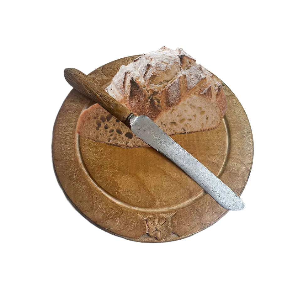 Exquisite Antique Round Hand Carved Bread Board &amp; Knife Set with patina and age.