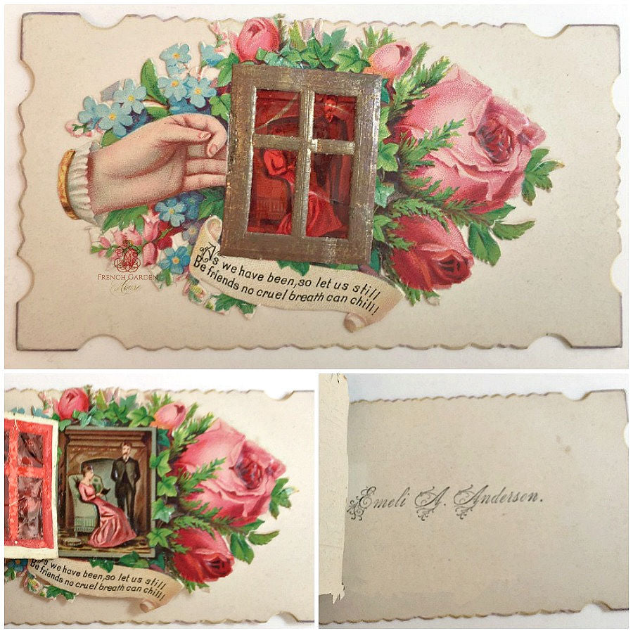 Rare Antique Calling Card Gelatine Window Roses