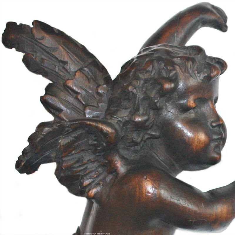 Antique Pair of Hanging Hand Carved Wood Putti, Angels