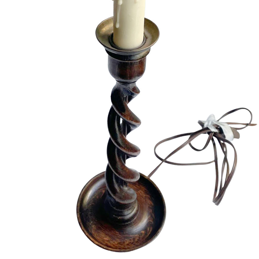 Antique English Oak Open Barley Twist Candlestick Lamp