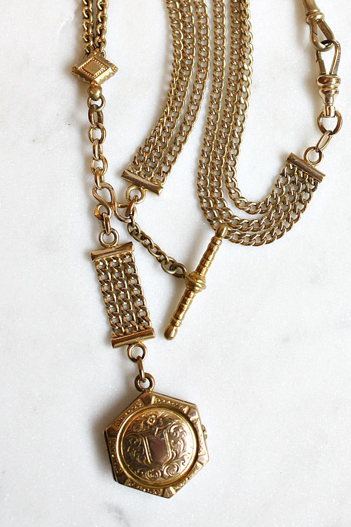 Antique Victorian Gold Watch Chain Necklace with Locket