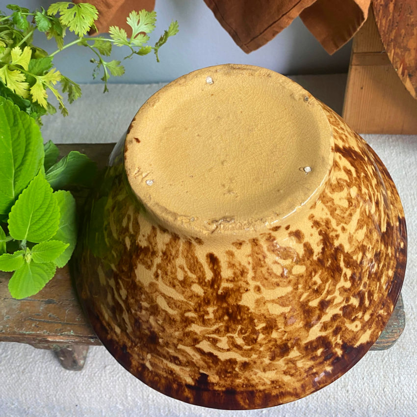 Antique Large Golden Yellow and Chocolate Spongeware Bowl