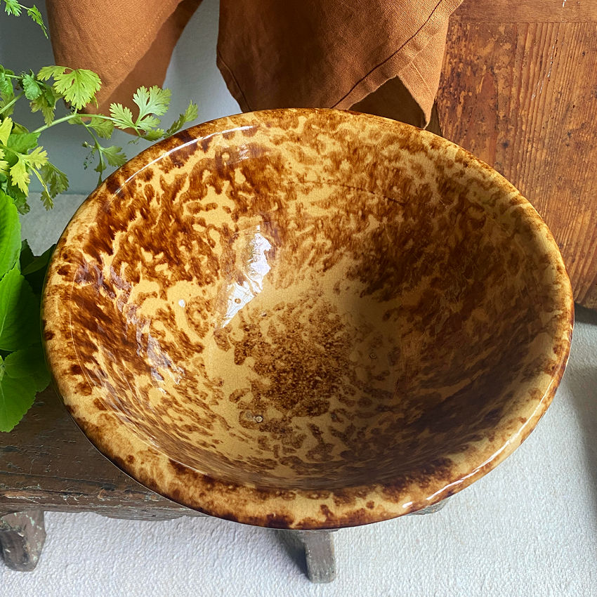 Antique Large Golden Yellow and Chocolate Spongeware Bowl