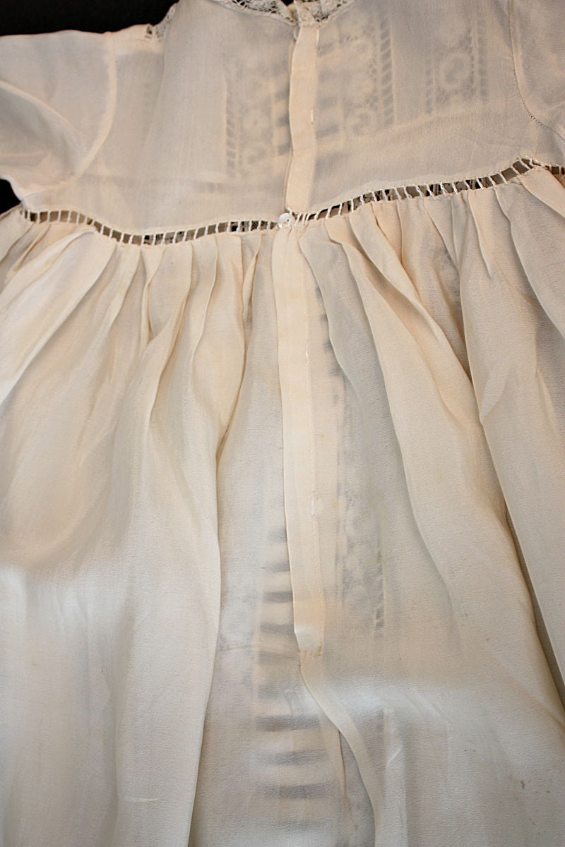 Antique French Cream Silk Christening Gown with Lace and Hand Work