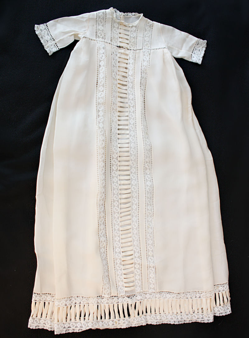 Antique French Cream Silk Christening Gown with Lace and Hand Work