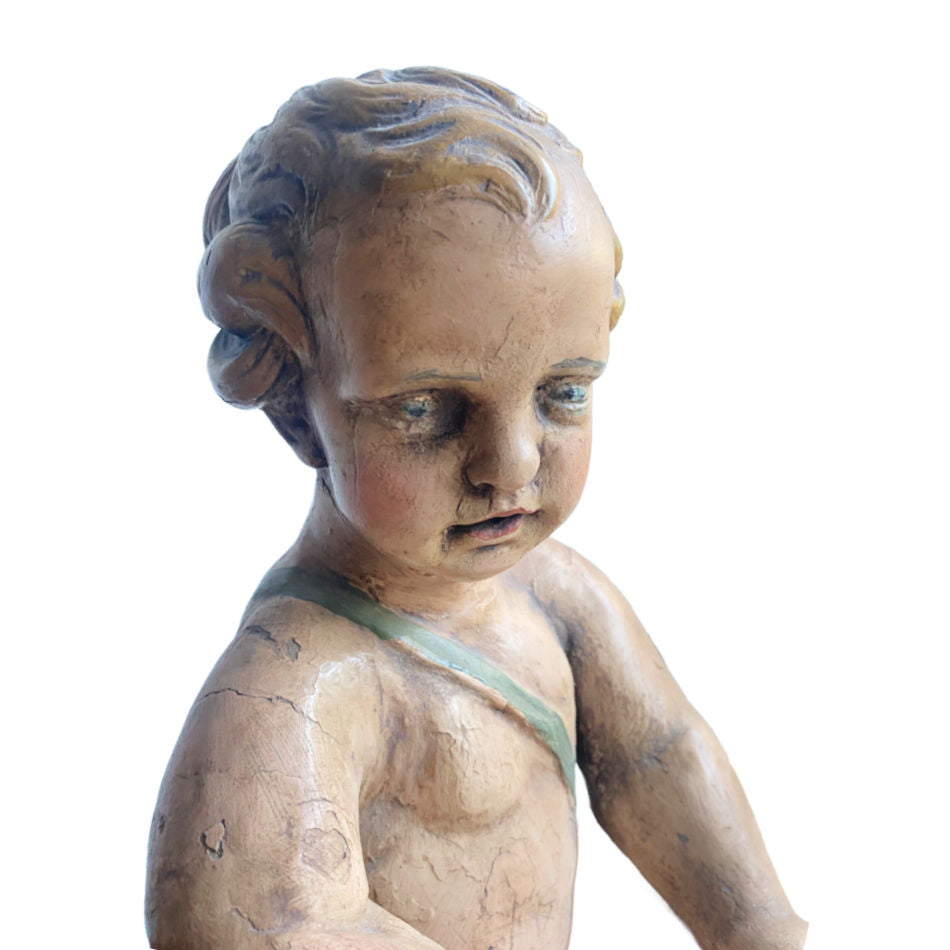 18th century Italian carved wood and polychromed figure of Baby Jesus, beautifully detailed devotional santos sculpture—rare sacred art with exquisite patina