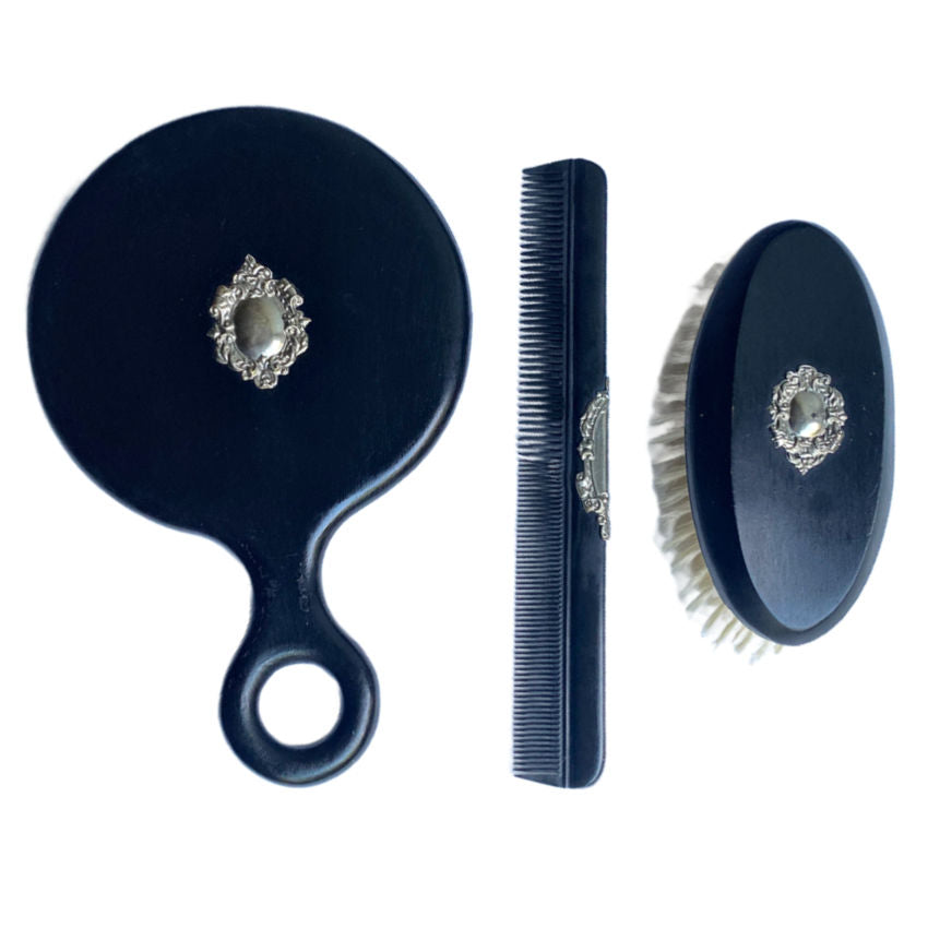 Antique Ebony Mirror, Brush and Comb Set Cased