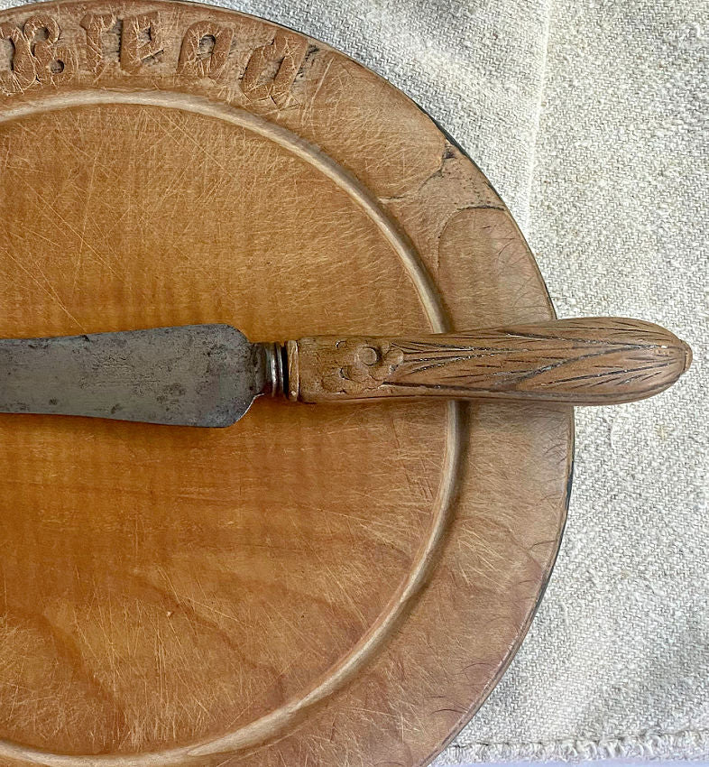 Antique Round Hand Carved Bread Board & Knife Set with Flowers