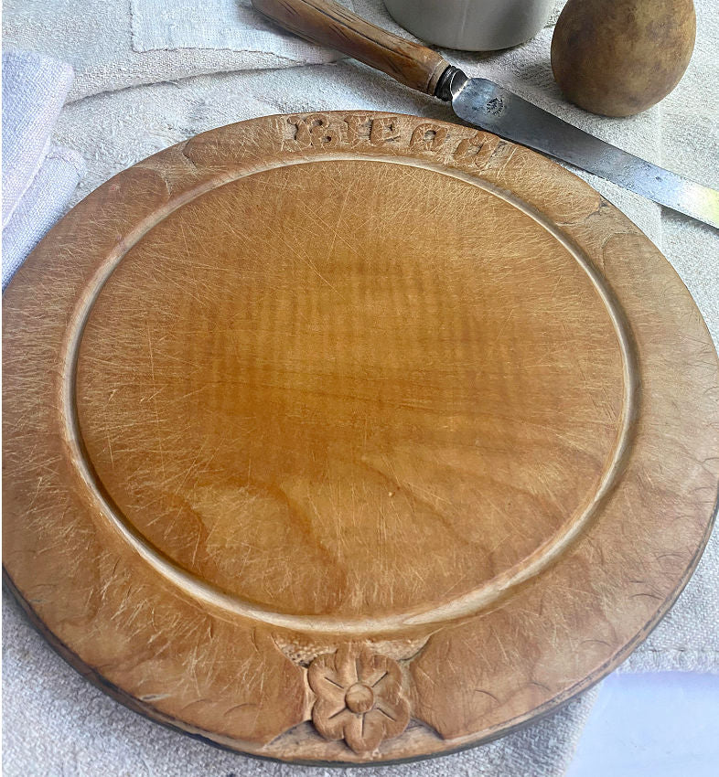 Antique Round Hand Carved Bread Board & Knife Set with Flowers