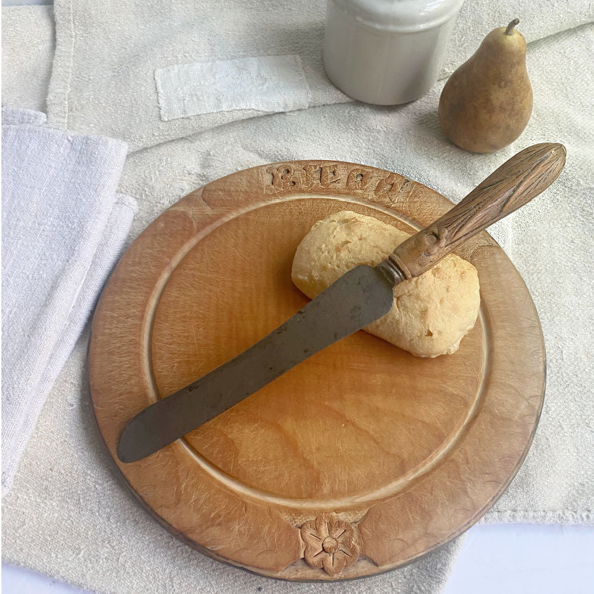 Exquisite Antique Round Hand Carved Bread Board & Knife Set with patina and age.