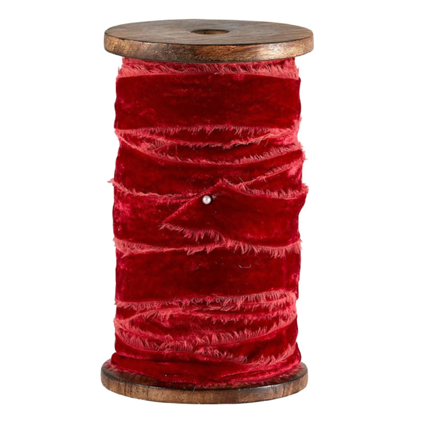 Antiqued Frayed Velvet Ribbon Red