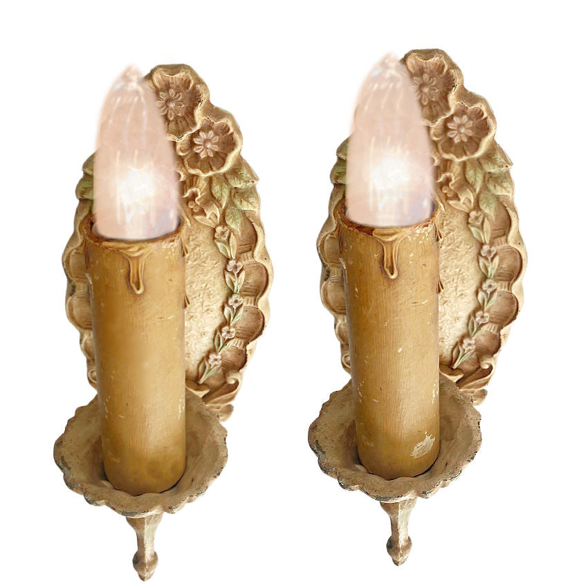 Pair Art Deco Cream Pink Floral Wall Sconces