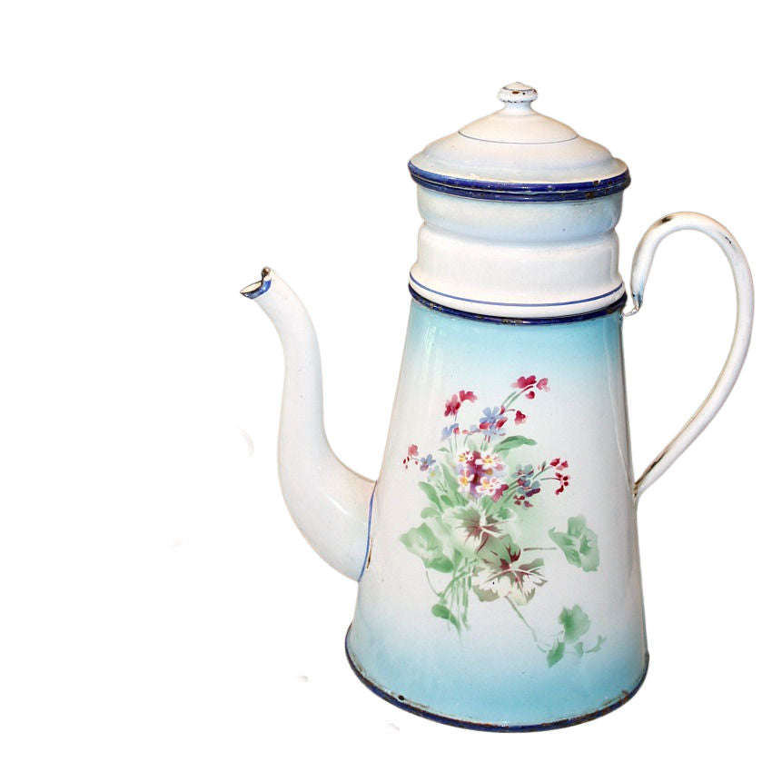 Antique French Enameled Cafetiere with Woodland Violets