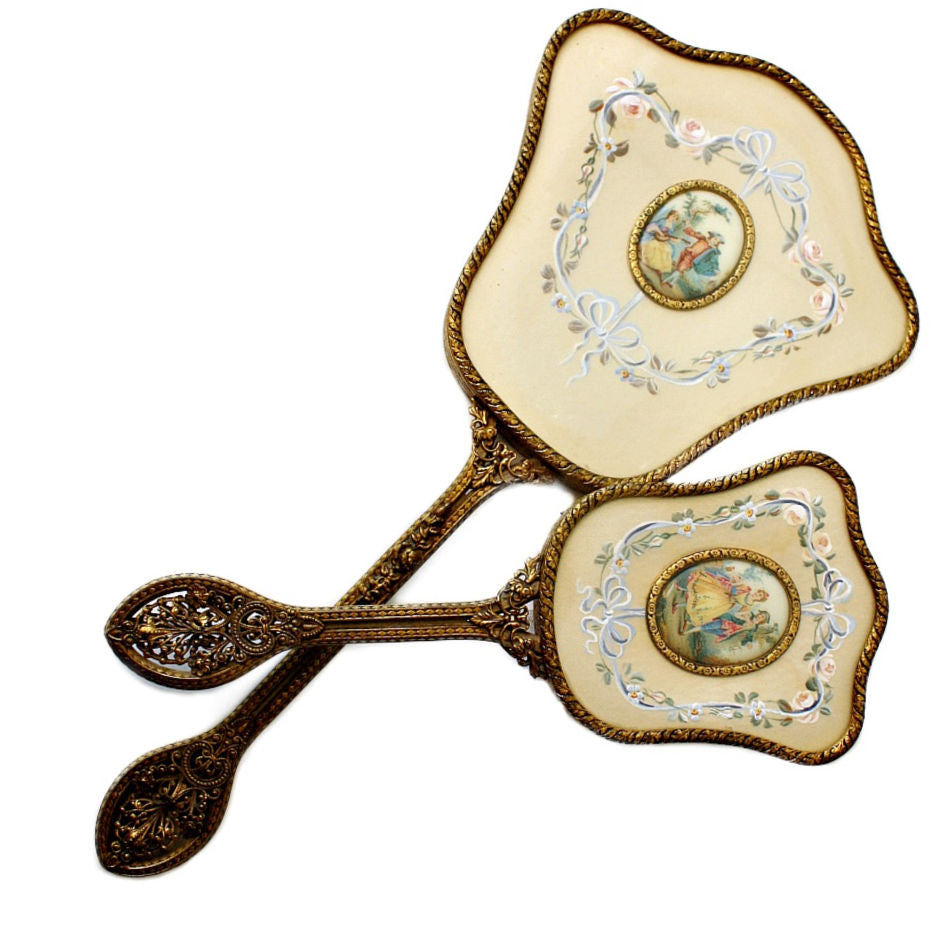 Hand Painted Gilt Filigree Vanity Mirror and Brush