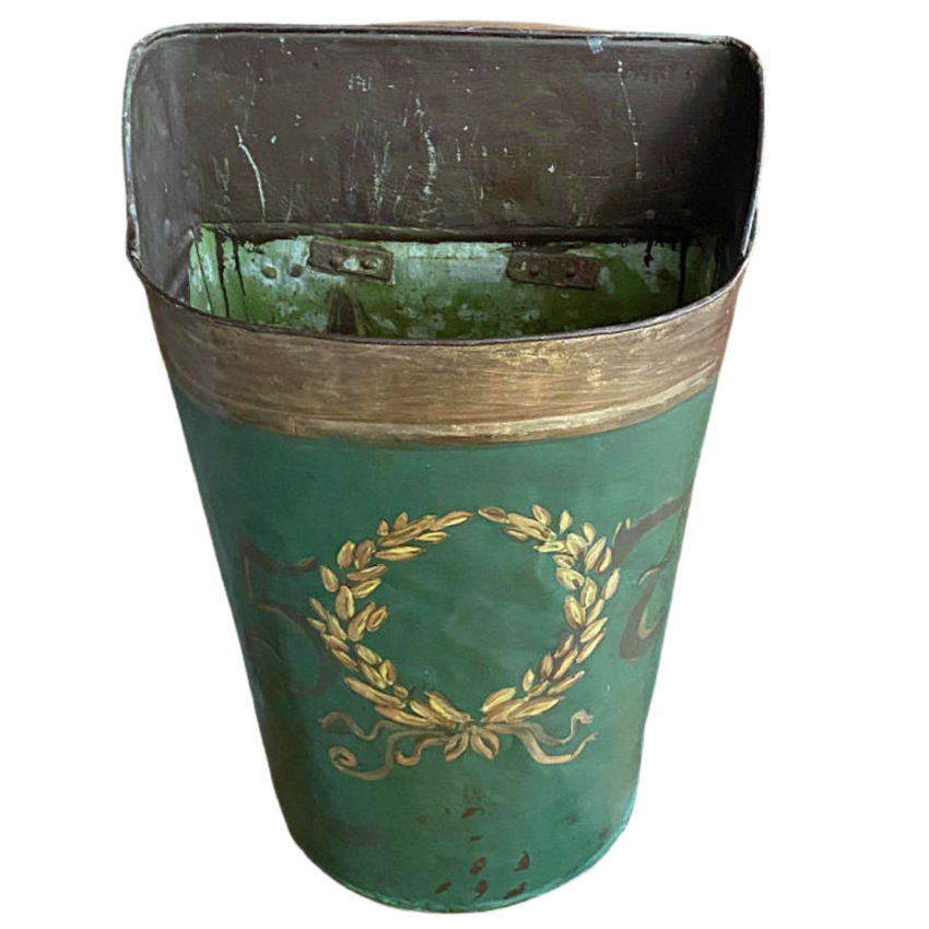 Antique French green grape harvesting hod with gold laurel wreath design and number 5 7 1, showing signs of wear and patina.