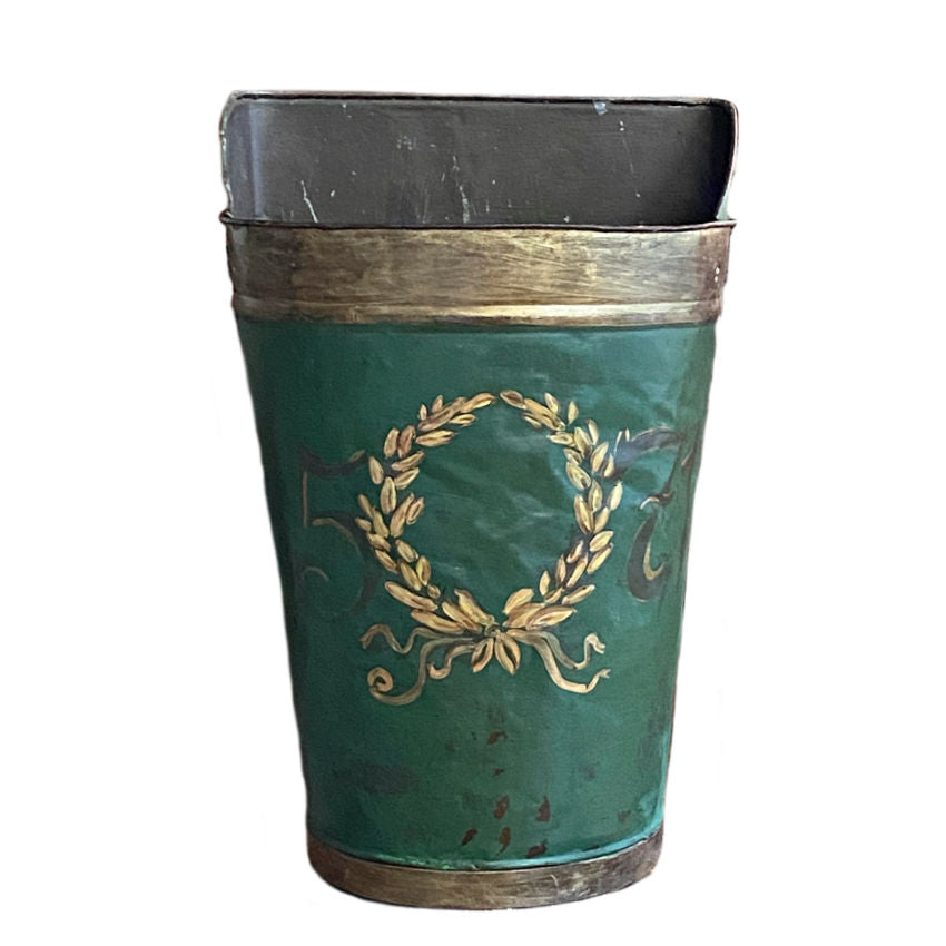 Antique French green grape harvesting hod with gold laurel wreath design and number 5 7 1, showing signs of wear and patina.