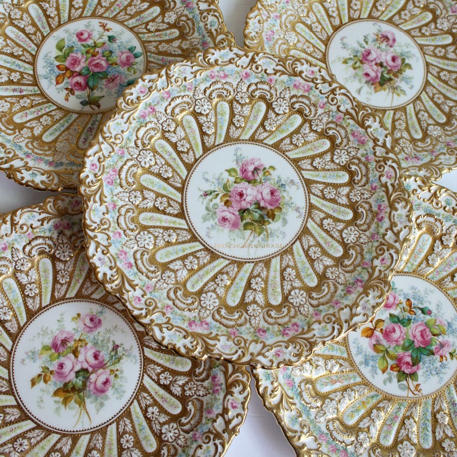 Rarest 19th Century Hand Painted Roses Gold Encrusted Copeland Dessert Plates Set of 12