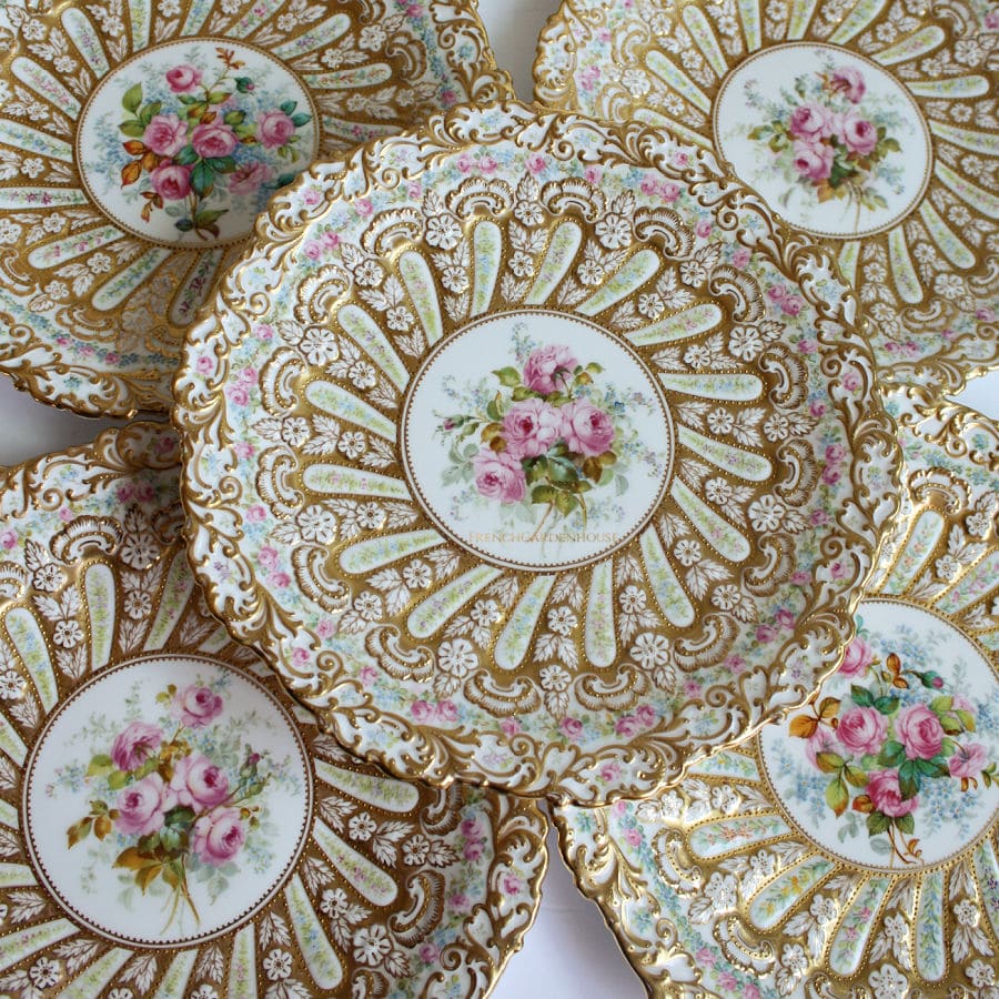 Rare 19th Century Hand Painted Roses Gold Encrusted Copeland Dessert Plates Set of 12