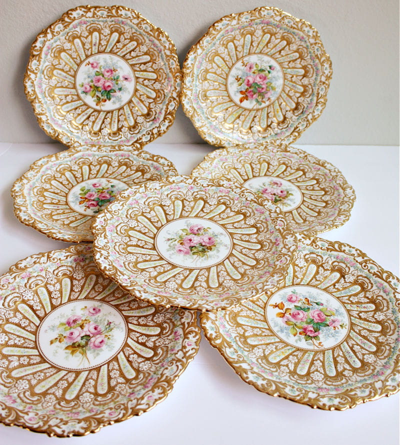 Rare 19th Century Hand Painted Roses Gold Encrusted Copeland Dessert Plates Set of 12