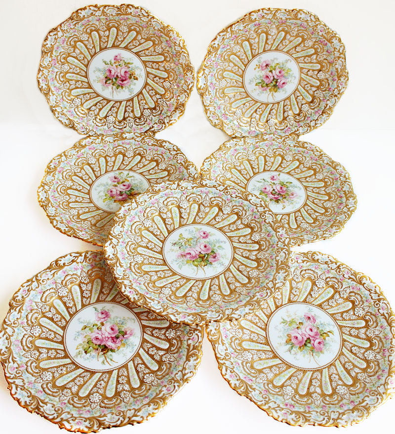 Rare 19th Century Hand Painted Roses Gold Encrusted Copeland Dessert Plates Set of 12