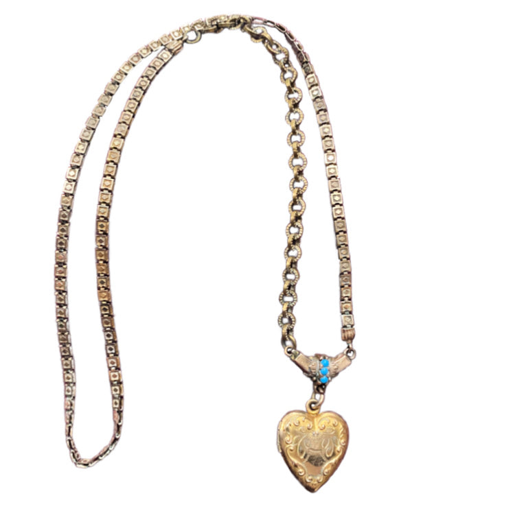 Antique Heart Locket and Turquoise Necklace