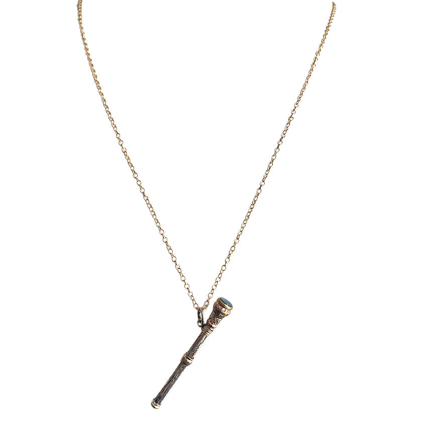 19th century gold necklace with gemstone end, pencil chatelaine pendant for modern layering.