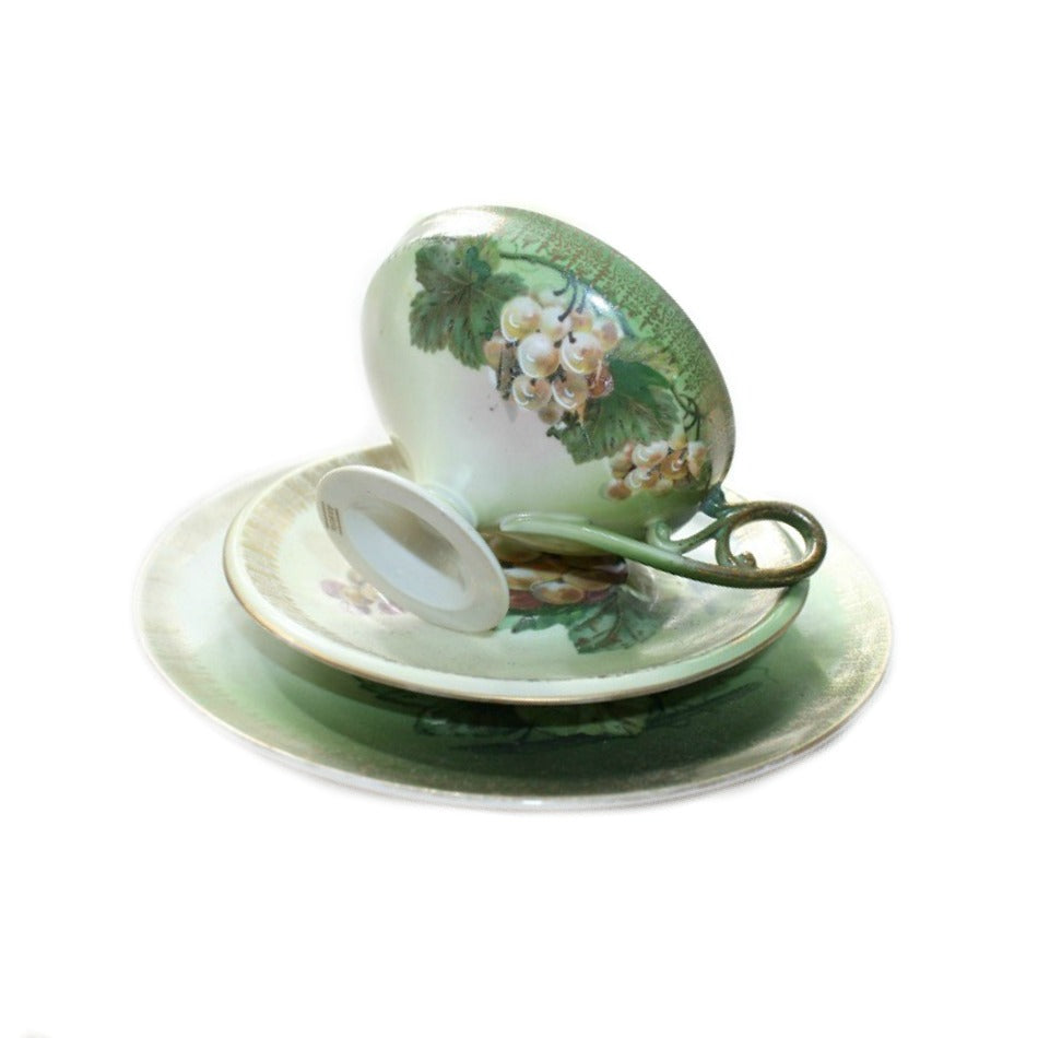 Antique Porcelain green trio of tea cup, saucer and cake plate